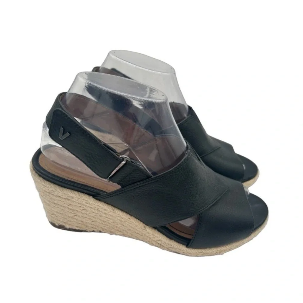 Vionic Zamar Wedge Sandals Women's Size 7 Black Leather Espadrille Shoes